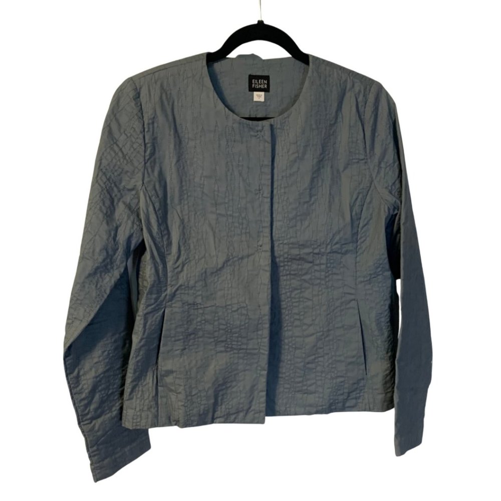 Eileen Fisher Embroidered Cotton Jacket Size S Slate Blue Boxy Lagenlook Casual